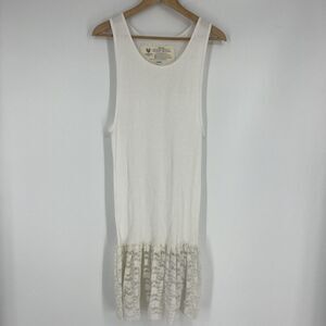 Farmhouse Frocks Tank Dress Size Large Womens White Lace Ruffle Hem Ribbed Scoop
